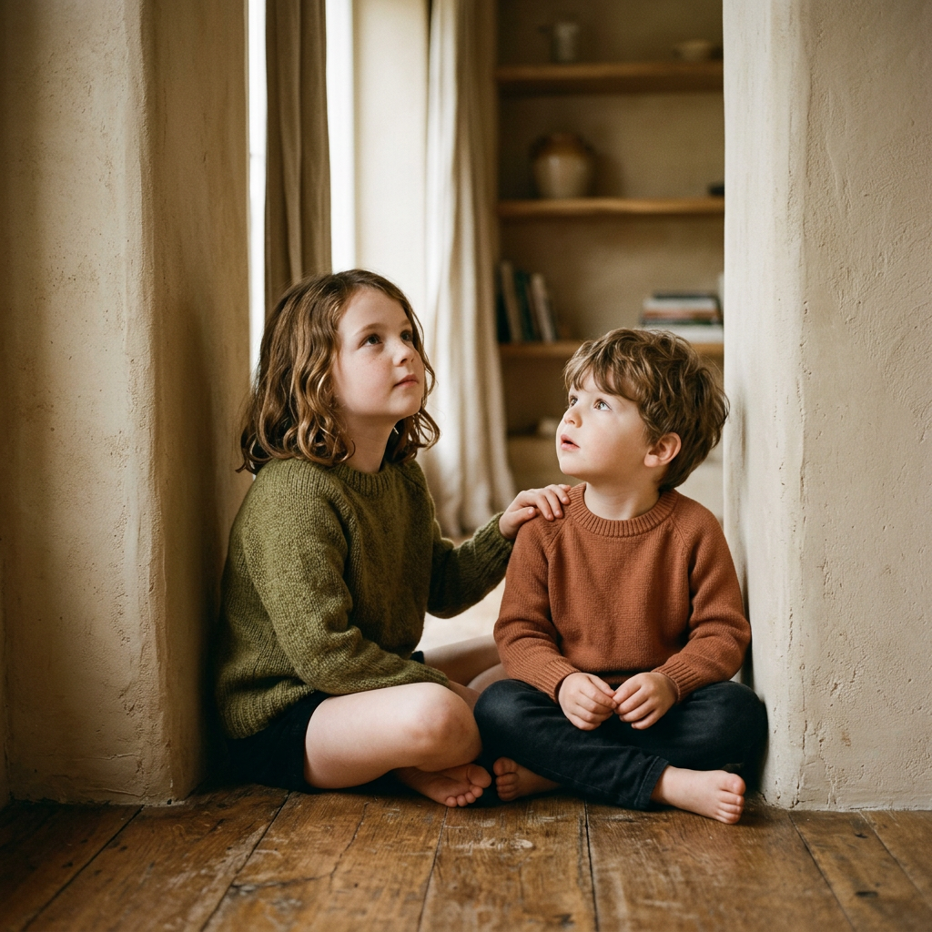 Two siblings sitting side by side on a wooden floor, looking up and listening.